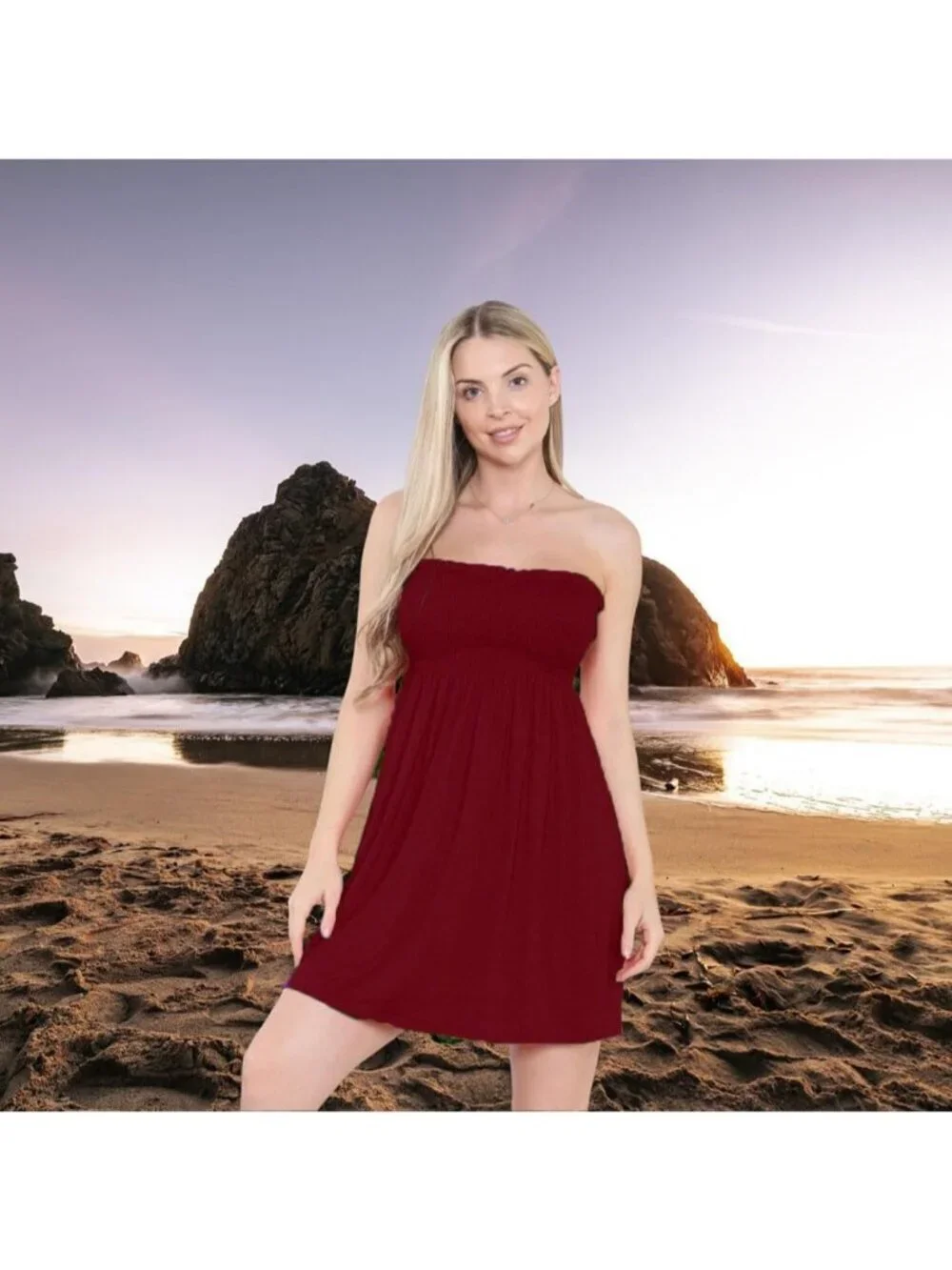 Women's Wine Sun Strapless Tube Short Beach Summer Dresses Casual Mini Dress